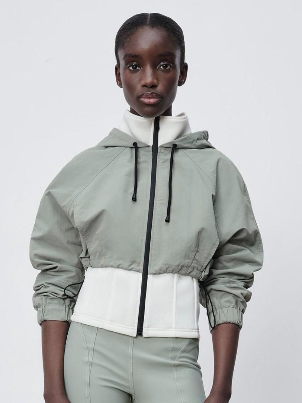 Zara Cropped Hooded Bomber in grey with White Waist Panel